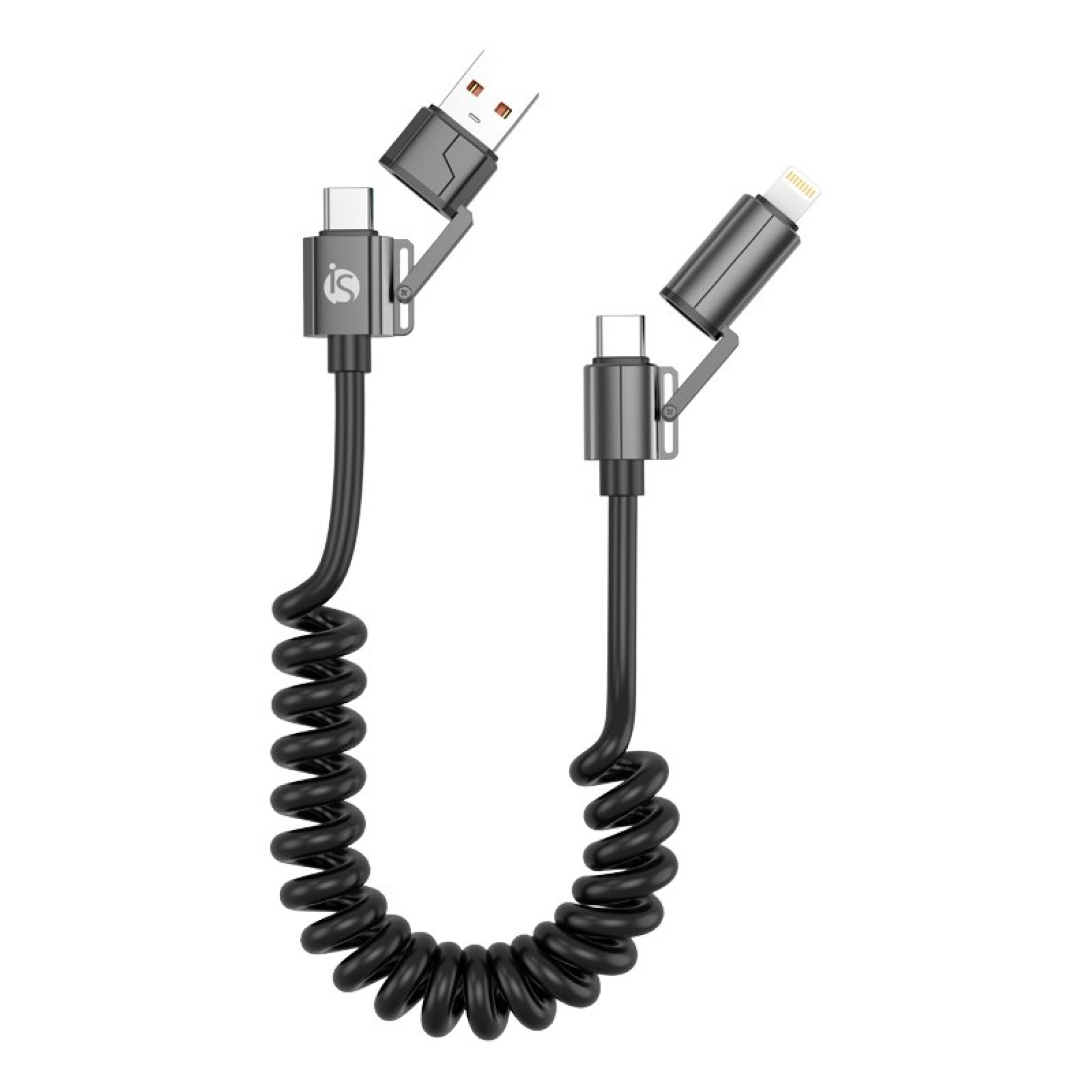 Cable Espiral 4 en 1 - USB-A, USB-C, Lightning fins a 60W