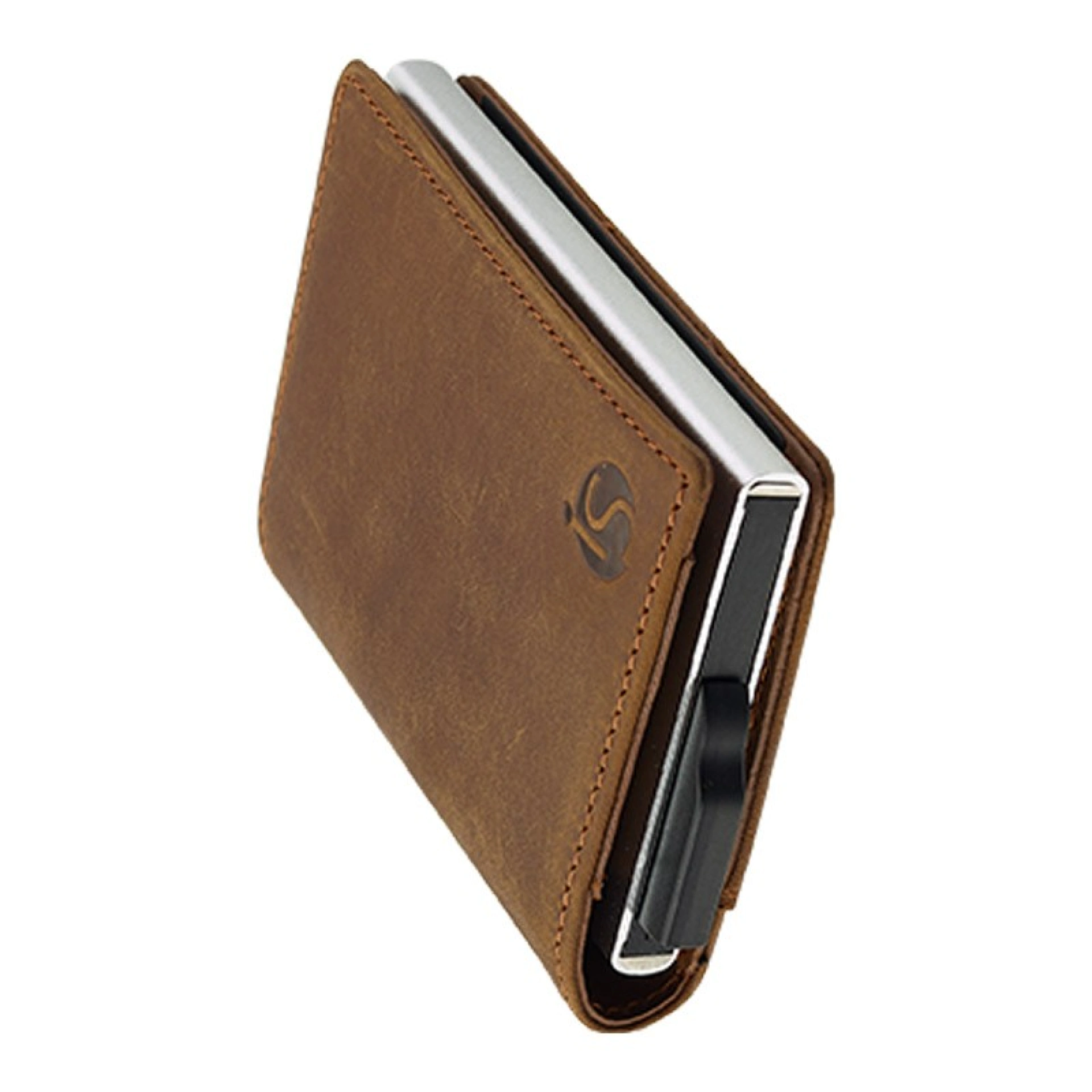 Otro ángulo de la parte metálica de la iS Leather Wallet